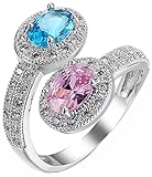 AmDxD Solitär Ring, Versilbert Damenring Unique Design Zirkonia Blau Rosa, Pärchen Ringe für Damen, Schmuck Geburtstag Geschenke für Frauen, Silber, Gr.54 (17.2)