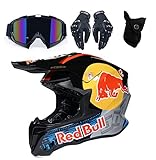 Männer Motocross Helm, Enduro MTB Helm Fullface Fahrrad Helm Cross Helm Motorradhelm Für Downhill Bike ATV BMX mit Brille Handschuhen Maske für Sicherheitsschutz Red B