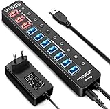 USB 3.0 Hub, APANAGE 11 Ports USB Hub (7-Ports Datenübertragung und 4-Ports Schnellladegerät USB Hub 3.0 Aktiv) mit Einzelnen Power Schalter, mit 48W Netzteil und 1M Kabel, für Laptop PC