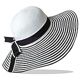 Hepburn Damen Strohhut mit Schleife, UV-Schutzfaktor 50, faltbar, mit UV-Schutzfaktor 50, Schwarz / Weiß gestreift - - Larg