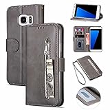 Jtailhne Kompatibel mit Hülle Samsung Galaxy S7 Edge Ledertasche Flip Brieftasche Case mit Kartensteckplätze Magnetverschluss Ständer-Funktion [Grau] & 2X Hartglas Glasfilm S