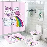 Fgolphd Einhorn Duschvorhang 180x200 180x180 Cartoons Rosa Einhorn Bunt Badezimmerteppich 4-teiliges Set, Shower Curtains Wasserdicht Duschvorhang (180 * 180,17)