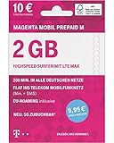 Telekom MagentaMobil Prepaid M SIM-Karte ohne Vertragsbindung I inkl. 2 GB & Flat (Min, SMS) ins Telekom Mobilfunknetz, mit EU-Roaming I Surfen mit LTE Max & HotSpot Flat I 10EUR Startguthab