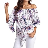 PEOD Damen Schulterfrei Rückenfrei Blumen Boho Hawaii Oberteile Bluse Sommer Oversize Fledermausärmel Chiffon Tunika Tops T-Shirts Kalte Schulter Trompetenärmel Geblümt Elegant Coole Oberteil B