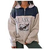 FMYONF Alaska Grafik Langarm Sweatshirts für Damen, Hip Hop, Oberteil mit 1/4Reißverschluss,Vintage Langarmshirt Jumper(Blau,L)