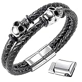 Herren Armband Skull Echtlederarmband für Männer Schwarz | Magnetverschluss aus Edelstahl silber | Inklusive Schmuckschachtel | Tolle Halloween Geschenk