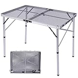 Varbucamp Aluminium-Grilltisch für draußen, klappbarer, leichter, tragbarer Grillständer mit verstellbarer Höhe für Camping, Grillen, Picknick, Kochen im Freien, silberfarben, 91,4 x 61