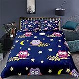 Eule Sterne Mond Bettbezug Set 200x200 - Dunkelblau Mikrofaser Polyester BettwäSche Set Tiere 3D Bedruckt BettwäSche Kinder Teenager Erwachsene Bettwasche - 3 Teilig (1 Bettbezug 2 Kissenbezügen)