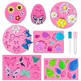 7 Stück Fondant Formen Rosen,Gänseblümchen Blumen, Schmetterling, Blätter, Libelle, Bow, Sonnenblume, dekorative Silikonformen Mit 2 Tropfern für Jelly Sugar Candy Schokolade Kuchen Dekoration (Rosa)