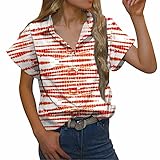 yiouyisheng Damen Bluse V-Ausschnitt Hemden Kurzarm Casual Blusen Streifen Oberteile mit Knöpfen Gestreiftes Hemd Einfaches Shirt Lässiges Hemdbluse Revers B