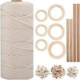 SunAurora Natürliche Makramee Schnur,Makramee Baumwolle Set,3mm x 100m Baumwollgarn mit 50 pcs Holzperlen, 6 pcs Holzringen, 4 pcs Holzstäbchen für Bastelarbeiten,DIY Pflanzenaufhänger,Web