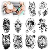 HOWAF10 Blätter Groß Löwe Tiere Tiger Temporäre Tattoos Männer Eule Frauen Arm Mond Blume Wasserdicht Gefälschte Schwarz Tattooaufkleber Wolf Schwarz Tattooaufkleber Kinder M