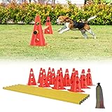 AufuN Steckhürdenset 6er, Koordinationstraining, Kegelhürden 12 rote Kegel: 32cm+ 6 gelbe Stangen: 1m, Agility Training für Kinder, Hunde,