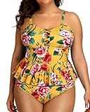 Yonique Badeanzüge in Übergröße, für Damen, Bauchkontrolle, zweiteiliger Badeanzug, Schößchen, Tankini, Oberteil mit hoher Taille, Gelb mit Blumenmuster,