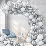 GRESAHOM Luftballons Bogen Girlande Kit, Weiß Silber Konfetti Ballons Party Dekoration Zubehör, Deko Luftballons Perfekt für Geburtstagsfeier, Hochzeitsfeier, Kinderparty und Feiertagsdek