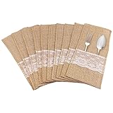 CONG 20 Stück Jute Bestecktaschen Besteckhalter Hochzeit Spitze Besteck Tasche Vintage Sackleinen Deko Tischdeko für Party Hochzeit Z