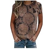 Masrin Vintage Tops Frauen T-Shirt Lässig Löwenzahn Schmetterling Druck Pullover Kurzarm O-Ausschnitt Easy Bluse(L,Kaffee)