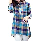 TIANMING Hemd Damen Karierte Bluse Langarm Casual Karo Hemdbluse mit Tasche Boyfriend Button-down Langarmshirt Blusenshirt Freizeit Plaid Shirt Oberteile Top