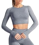 DUROFIT Damen Sport Crop Top Atmungsaktiv Yoga Tops Langarmshirt Fitness Shirt Laufshirt Sportshirt Langarm T-Shirt für Training Laufen Blau S