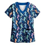 Frauen Kurzarm V-Ausschnitt Tops Arbeitsuniform Cartoon Print Bluse 2734 Viking axt nordische Mythologie Odin Schiffli Size:40, unterziehtop Skinny D