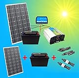 200W Komplette 220V Solaranlage TÜV mit 2x 100Ah Akkus 200W Solarmodul 1000W Spannungswandler Gartenhaus NEU Solar Garten Set Camping Wohnmobil Inselsystem Solarzelle Solarzelle 230V Volt Watt 100 200