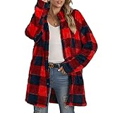 Mosiolya Damen Plaid Drucken Long Jacke Button Down Oversized Hemdjacke Herbst Winter Freizeit Regenmantel (D-Rot, Large)