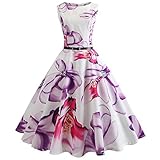 YWLINK Damen Rockabilly O-Ausschnitt Lebhaft Faltenrock Blume Drucken Kleiden Prom Swing Ärmellos Süß Mädchen Kleider Mit GüRtel Frauen Klassisch 1950er Vintage Retro Cocktailkleid(XXL,Lila)