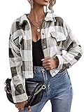 ZZLBUF Damen Revers Button Down Langarm Plaid Hemd Mantel Tartan Shacket Jacke Party Straße Kurz Cardigan, B # Grau kariert, 38