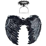 Engels flügel Kostüm,Engel Kostüme Federn für Kinder Erwachsene mit Heiligenschein für Halloween Karneval Cosplay Party Fasching (Schwarz, Large（65*45cm）)