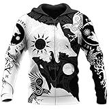 Herren Viking Wolf Crow Tattoo Grafik Kurzarm Hoodie, Nordischer Mythos Keltischer Knoten 3D-gedruckter Langarmpullover, Fashion Vintage Sweatshirt Casual SportJacke (Color : Zipper, Size : 3XL)