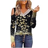NLNL Frauen Schulterfrei Sexy Spitze Stitching V-Ausschnitt Bluse Casual Mode Schmetterling Gedruckt Frühling Sommer Langarm Tops, gelb, L