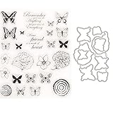 hfior Stanzschablone & Silikon Clear Stempel, Blumen Schmetterling, für die Kartenherstellung Scrapbooking Schablone DIY, M