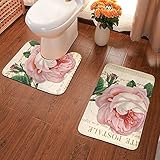 Badezimmerteppich-Set, 2-teilig, Vintage Pink Carte Postale Avec Rose Runde Badematte U-Form Toilettenvorleger Ultra Soft Flanell Badezimmer Anti-Rutsch Pads B