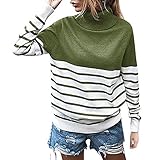 Damen Loose Casual Striped Print Langarm Tops Stilvoller Plain Rollkragenpullover Eleganter Patchwork Strickp