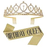 fanshiontide Geburtstagskönigin Strass Geburtstag Krone Tiara und Frauen Geburtstagsschärpe für Mädchen Geburtstagsfeier(golden)
