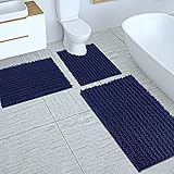 Yimobra 3-teiliges Badezimmerteppich-Set, Shaggy-Chenille-Badteppich, 61 x 43 cm + extra saugfähige Badematte 31.5 x 19.8 cm + WC-Vorleger 24.4 x 20.4 cm, weich, maschinenwaschbar, Marineb