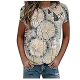 Masrin Vintage Tops Frauen T-Shirt Lässig Löwenzahn Schmetterling Druck Pullover Kurzarm O-Ausschnitt Easy Bluse(XXXXL,Beige)