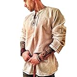 Coolster Strap Neck Longshirt für Herren Retro Mitte Jahrhundert Schnürung Flachs solides Langarm T-Shirt leichtes atmungsaktives Lockere Passform Beachwear Tops B
