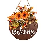 Herbstkränze für die Haustür,Herbst-Willkommensschild Herbst-Türdekoration,Nordisch-rustikaler Stil Retro hängendes Willkommensschild aus Holz,Herbstkränze für Haustürdek