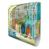 banjado® Design Briefkasten mit Motiv Historischer Stadtkern 39x47x14cm & 2 Schlüssel - Briefkasten Stahl weiß mit Zeitungsfach pulverbeschichtet - Postkasten A4 Einwurf inkl. Montag