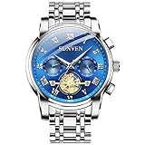 SUNVEN Herrenuhren Blau wasserdichte Quarz Armbanduhr Silber Edelstahl Saphirglas Multifunktionsdisplays Leuchtzeiger …