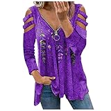 Ur_Ben Oberteile Damen Langarm Tops Lose Asymmetrisch Sweatshirt Casual T-Shirt Einfarbig Sommer Cold Shoulder V Ausschnitt Tunika(Lila,M)