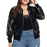 Bomberjacke Damen Oversize Mantel Sweatjacke Spitze hohl Outwear mit Reißverschluss Classics Basic Motorradjacke Kurz Casual Übergroßer Leichte Bikerjacke Herbst Winter Übergangsmantel XXXXXL