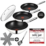 Tefal E76 Jamie Oliver Pfannenset Induktion 6 TLG- Set 12, TESTSIEGER 1,2 sehr gut- hohe Wokpfanne mit Deckel 28cm, Pfanne 28 cm + 24cm, Edelstahl rostfrei, Spülmaschinenfest, Antihaft-b