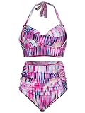 VIQIV Vintage Zweiteiliger Badeanzüge mit hoher Taille, schwarzer Bikini Bademode Tankini (FBA), Blumenmuster in Pink,