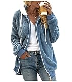 Tekaopuer Herbst Winter Lose Plüsch Jacke Solide Farbe Casual Kapuzenmantel Reißverschluss Hoodies für Frauen Damen, blau, XL