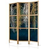 murando - Paravent Feder Textur Abstrakt 135x171 cm 3-teilig einseitig eleganter Sichtschutz Raumteiler Trennwand Raumtrenner Holz Design Motiv Deko Home Office beige Gold dunkelblau b-A-10061-z-b