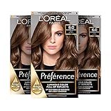 L'Oréal Paris Permanente Haarfarbe, Haarfärbeset mit Coloration und Farbglanz-Pflegebalsam, Préférence, 6 Natur Hellbraun (Buenos Aires), 3er S