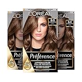 L'Oréal Paris Permanente Haarfarbe, Haarfärbeset mit Coloration und Farbglanz-Pflegebalsam, Préférence, 6 Natur Hellbraun (Buenos Aires), 3er S