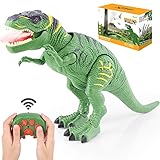 BAZOVE Leuchtend Ferngesteuert Dinosaurier Spielzeug, RC Dinosaurier Elektrospielzeug mit LED Leuchten Augen Gehen und Brüllen Projektionssprühfunktion Realistisches T-Rex Dinosaurierspielzeug, Grü